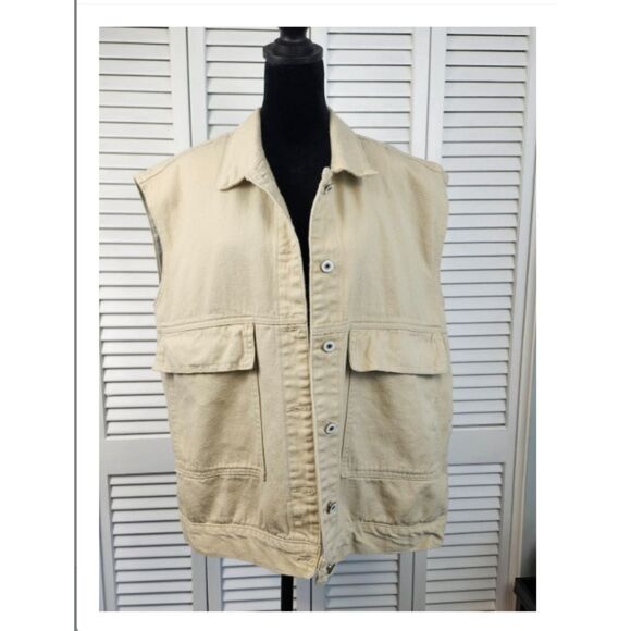 Utility Cargo Vest Beige Small Oversized Button Front Streetwear - Picture 1 of 8